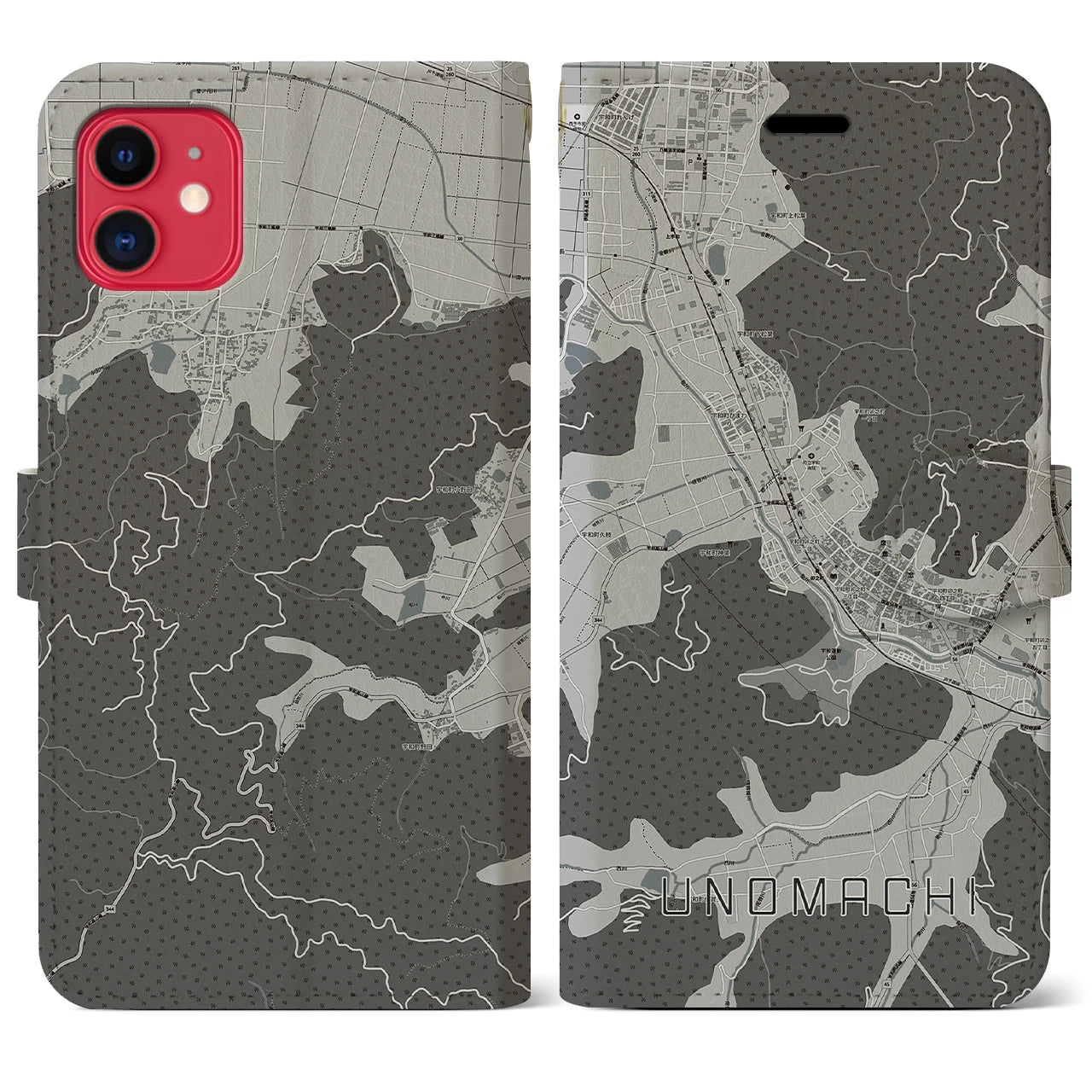 【卯之町(愛媛県)】地図柄iPhoneケース(手帳タイプ)モノトーン・iPhone 11 用