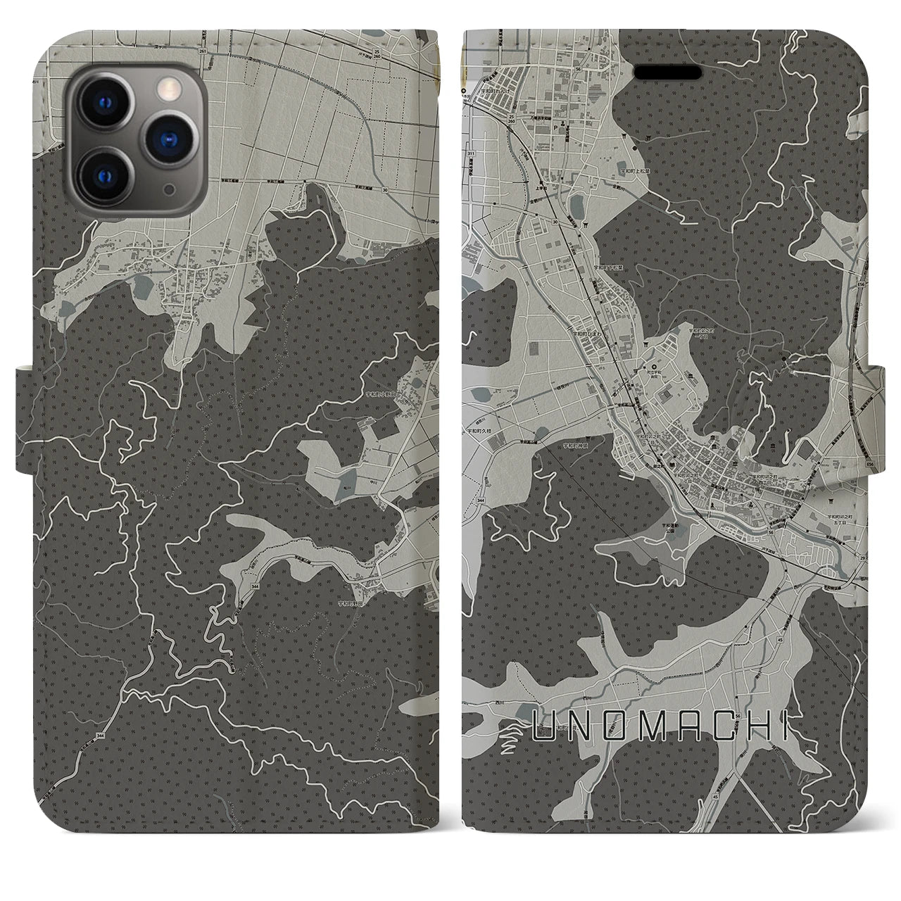 【卯之町(愛媛県)】地図柄iPhoneケース(手帳タイプ)モノトーン・iPhone 11 Pro Max 用