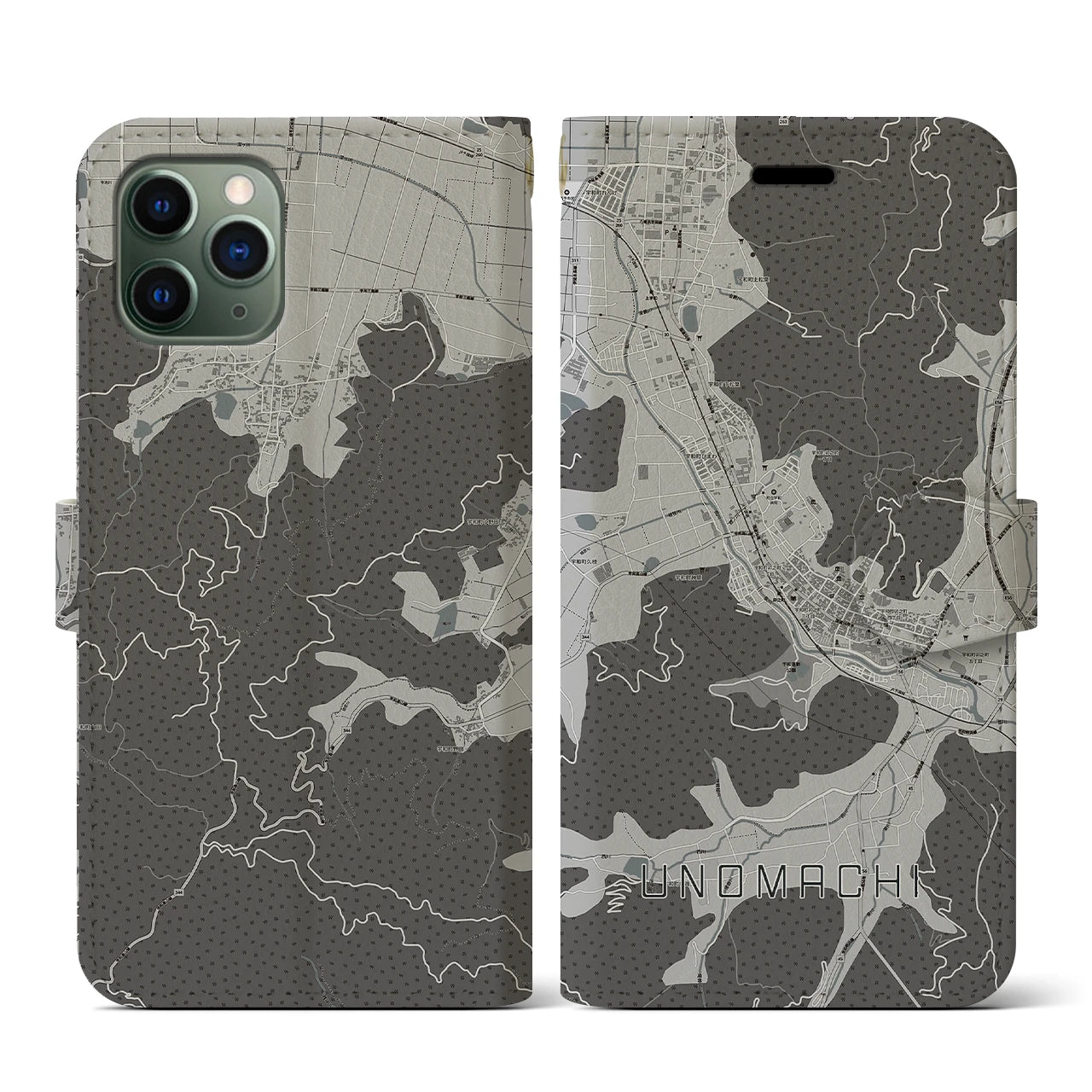 【卯之町(愛媛県)】地図柄iPhoneケース(手帳タイプ)モノトーン・iPhone 11 Pro 用