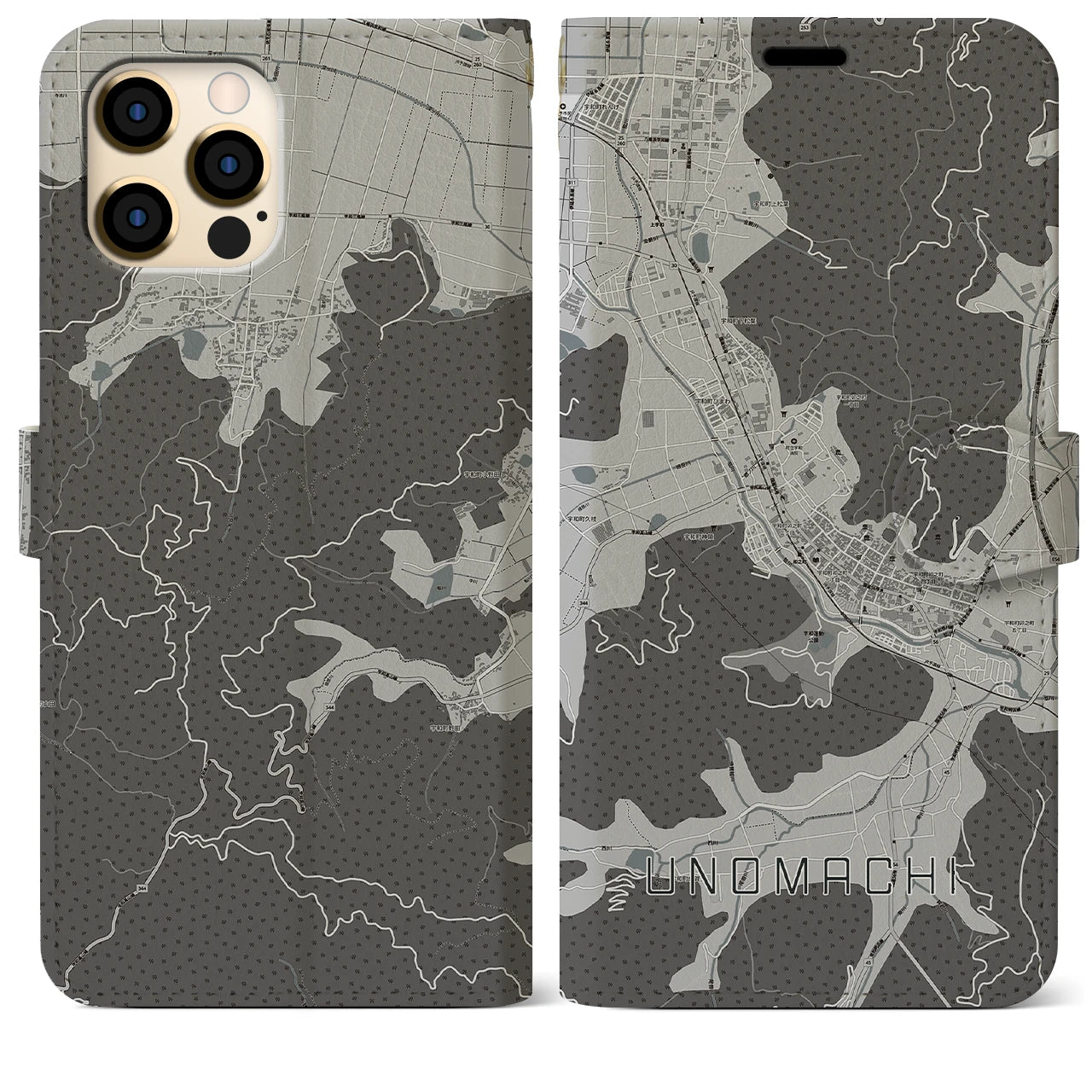 【卯之町(愛媛県)】地図柄iPhoneケース(手帳タイプ)モノトーン・iPhone 12 Pro Max 用
