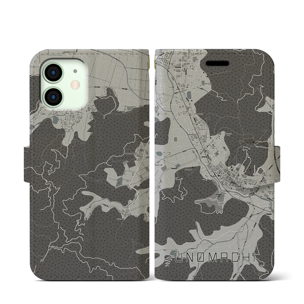 【卯之町(愛媛県)】地図柄iPhoneケース(手帳タイプ)モノトーン・iPhone 12 mini 用