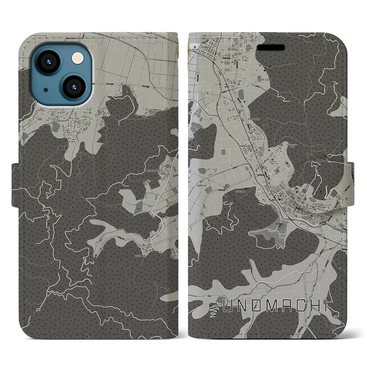 【卯之町(愛媛県)】地図柄iPhoneケース(手帳タイプ)モノトーン・iPhone 13 用