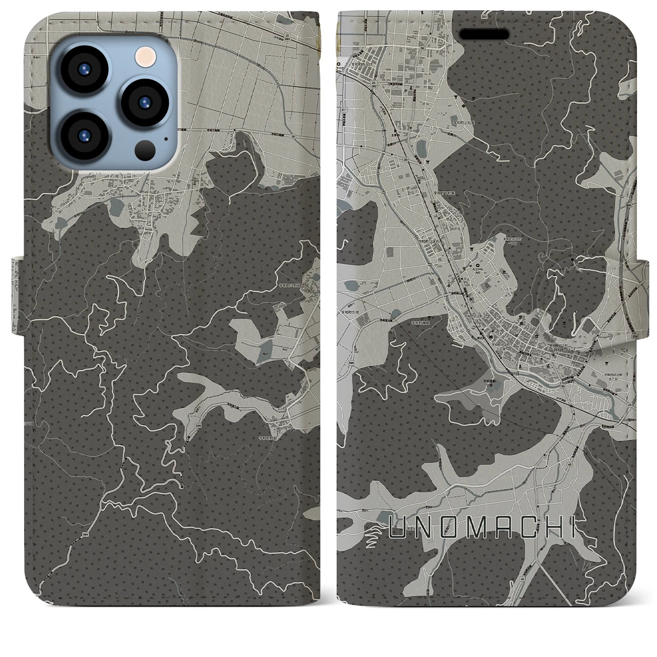 【卯之町(愛媛県)】地図柄iPhoneケース(手帳タイプ)モノトーン・iPhone 13 Pro Max 用