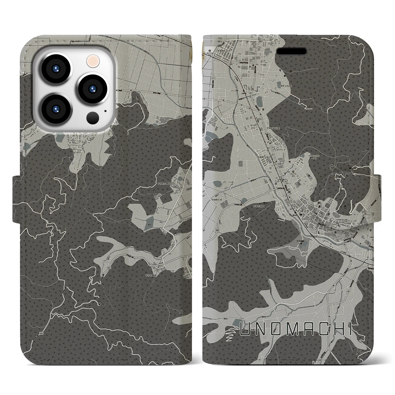 【卯之町(愛媛県)】地図柄iPhoneケース(手帳タイプ)モノトーン・iPhone 13 Pro 用