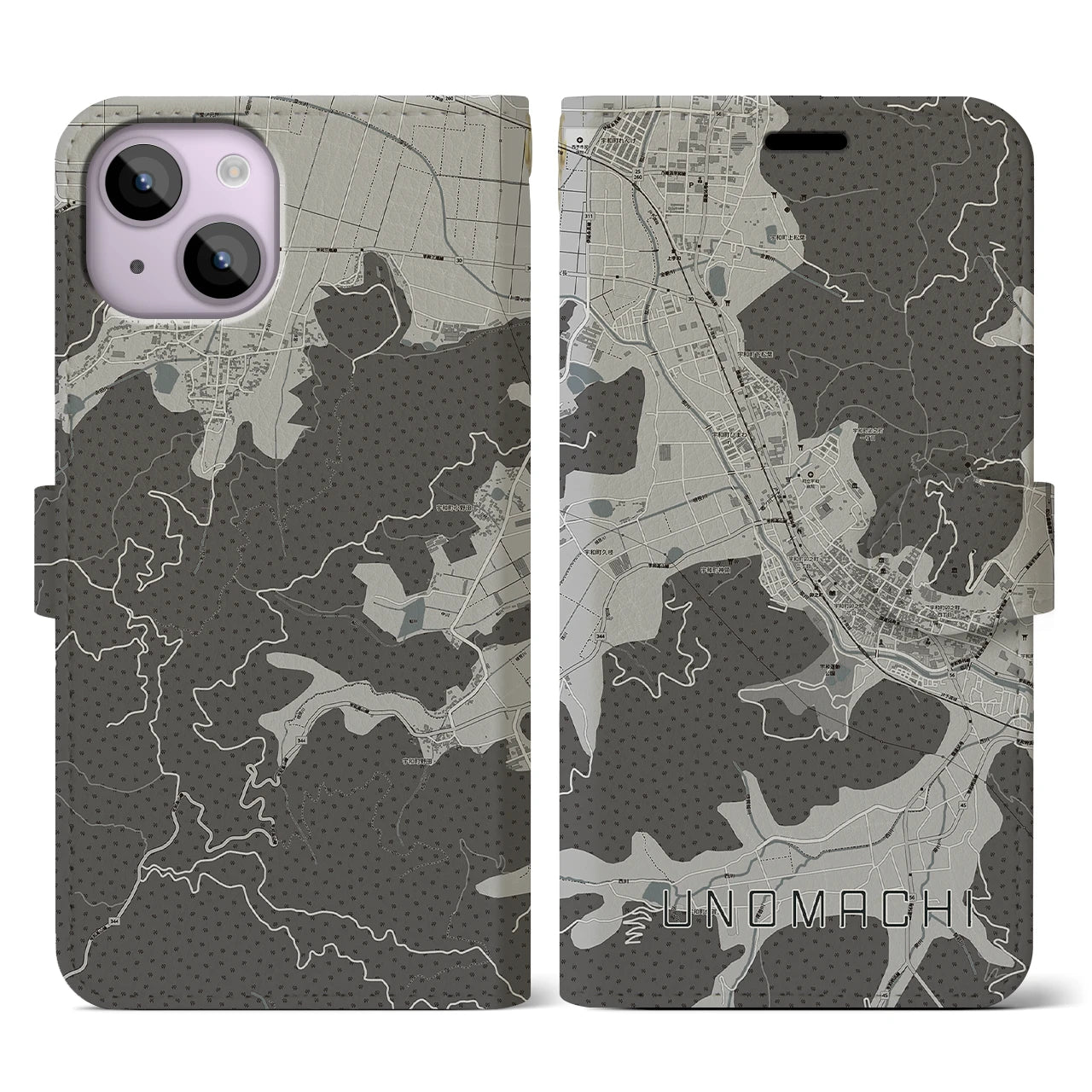 【卯之町(愛媛県)】地図柄iPhoneケース(手帳タイプ)モノトーン・iPhone 14 用