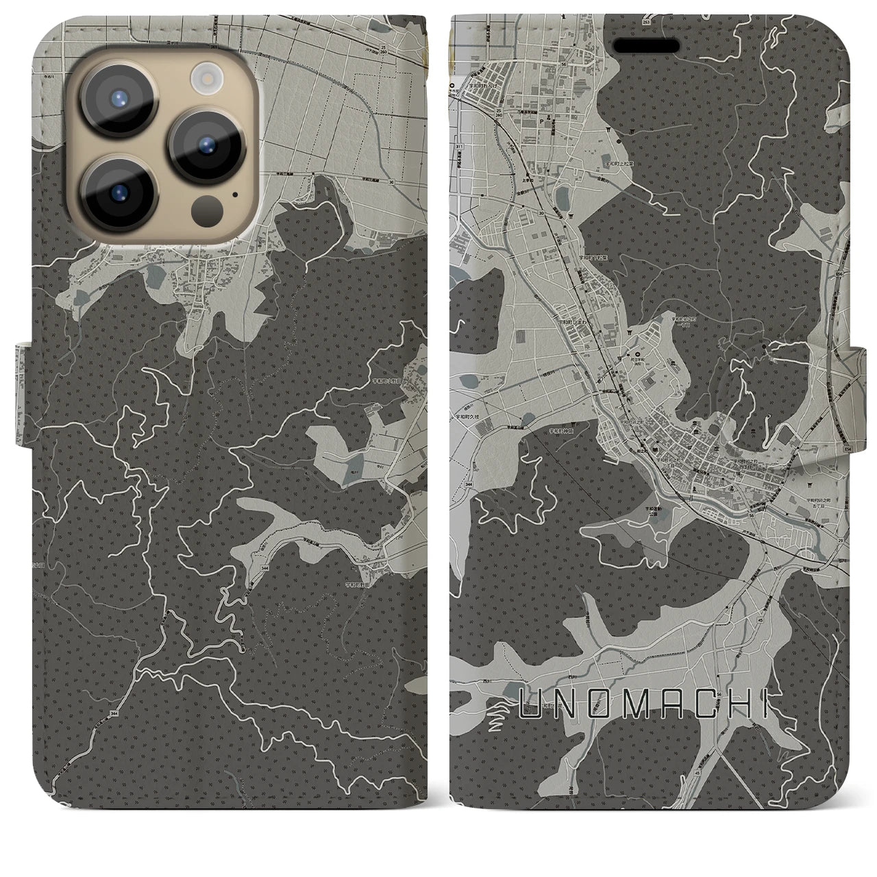 【卯之町(愛媛県)】地図柄iPhoneケース(手帳タイプ)モノトーン・iPhone 14 Pro Max 用