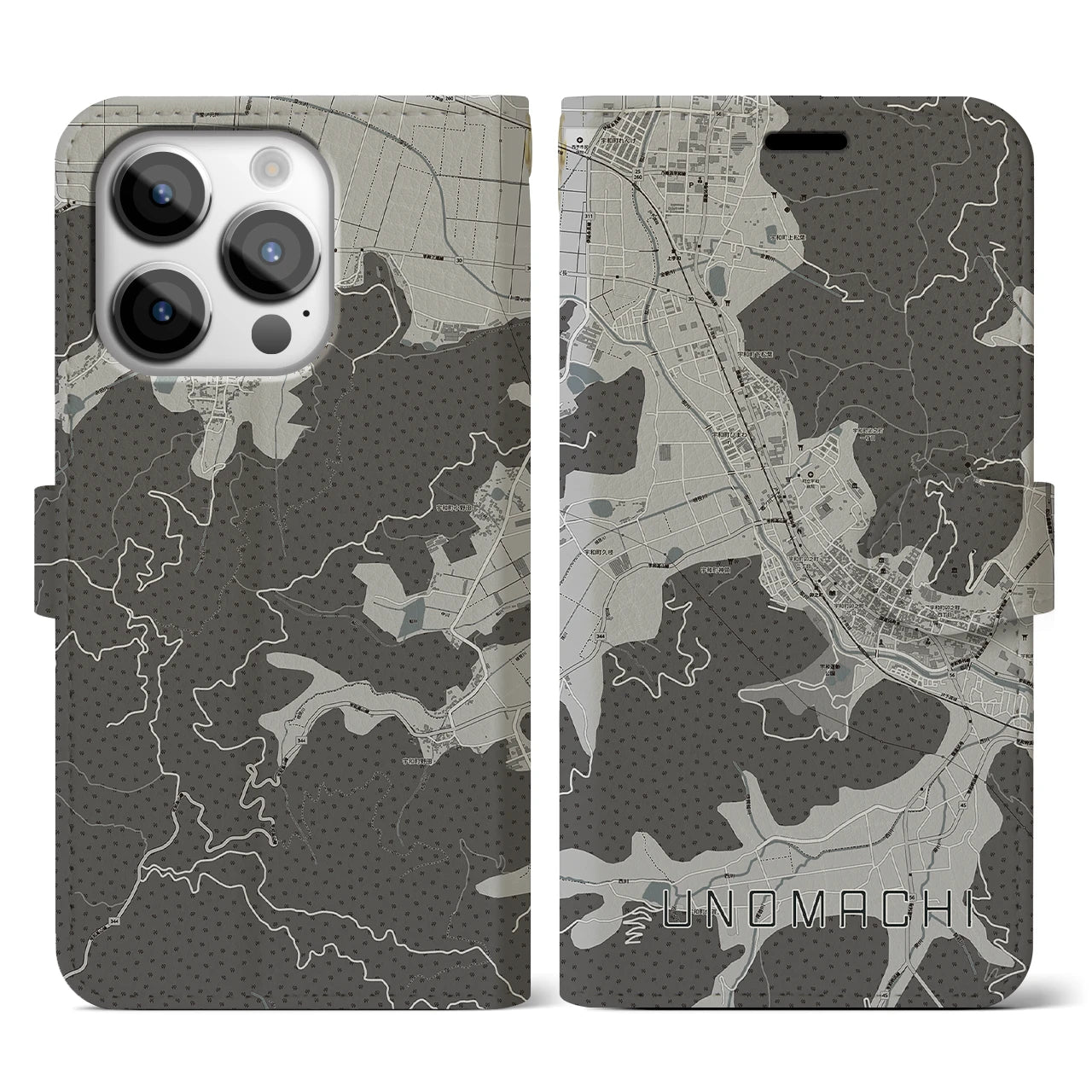 【卯之町(愛媛県)】地図柄iPhoneケース(手帳タイプ)モノトーン・iPhone 14 Pro 用