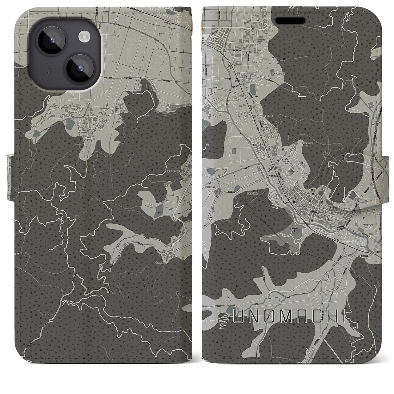 【卯之町(愛媛県)】地図柄iPhoneケース(手帳タイプ)モノトーン・iPhone 14 Plus 用
