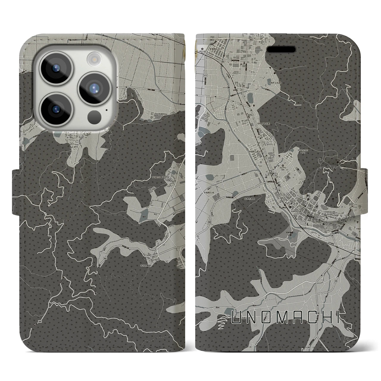 【卯之町(愛媛県)】地図柄iPhoneケース(手帳タイプ)モノトーン・iPhone 15 Pro 用