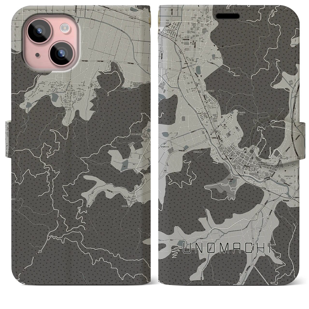 【卯之町(愛媛県)】地図柄iPhoneケース(手帳タイプ)モノトーン・iPhone 15 Plus 用