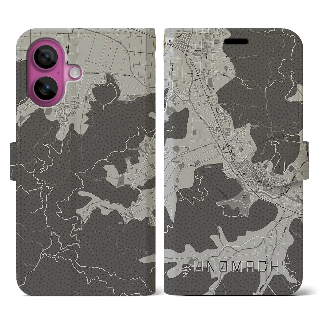 【卯之町(愛媛県)】地図柄iPhoneケース(手帳タイプ)モノトーン・iPhone 16 Pro 用