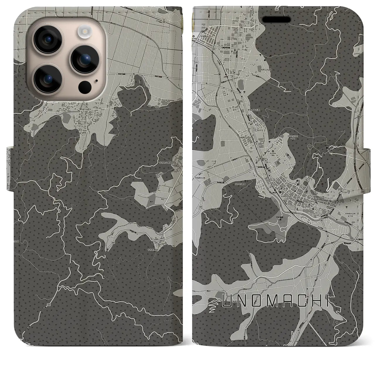 【卯之町(愛媛県)】地図柄iPhoneケース(手帳タイプ)モノトーン・iPhone 16 Plus 用