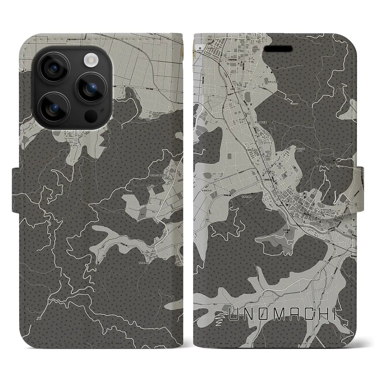 【卯之町(愛媛県)】地図柄iPhoneケース(手帳タイプ)モノトーン・iPhone 16 用