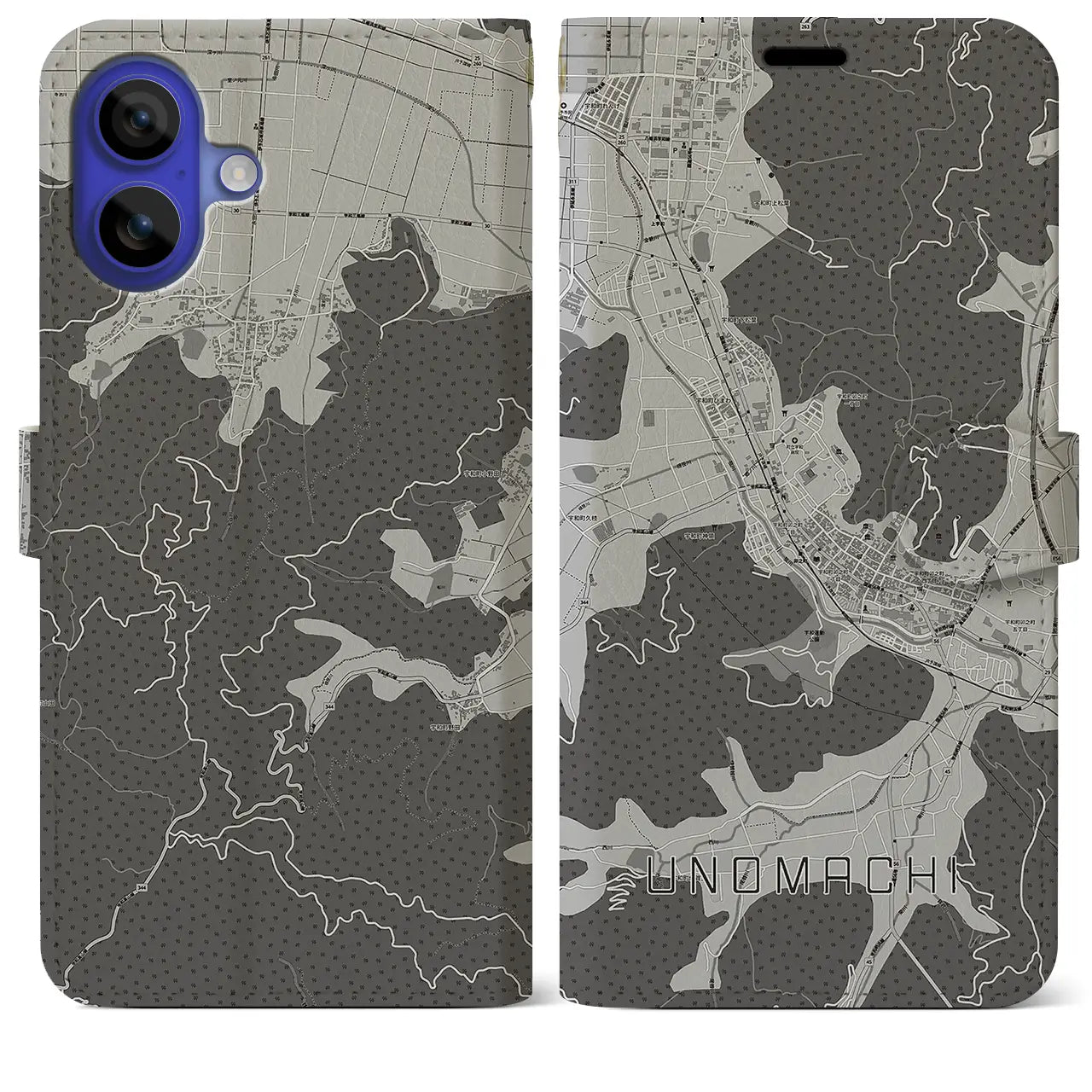 【卯之町(愛媛県)】地図柄iPhoneケース(手帳タイプ)モノトーン・iPhone 16 Pro Max 用