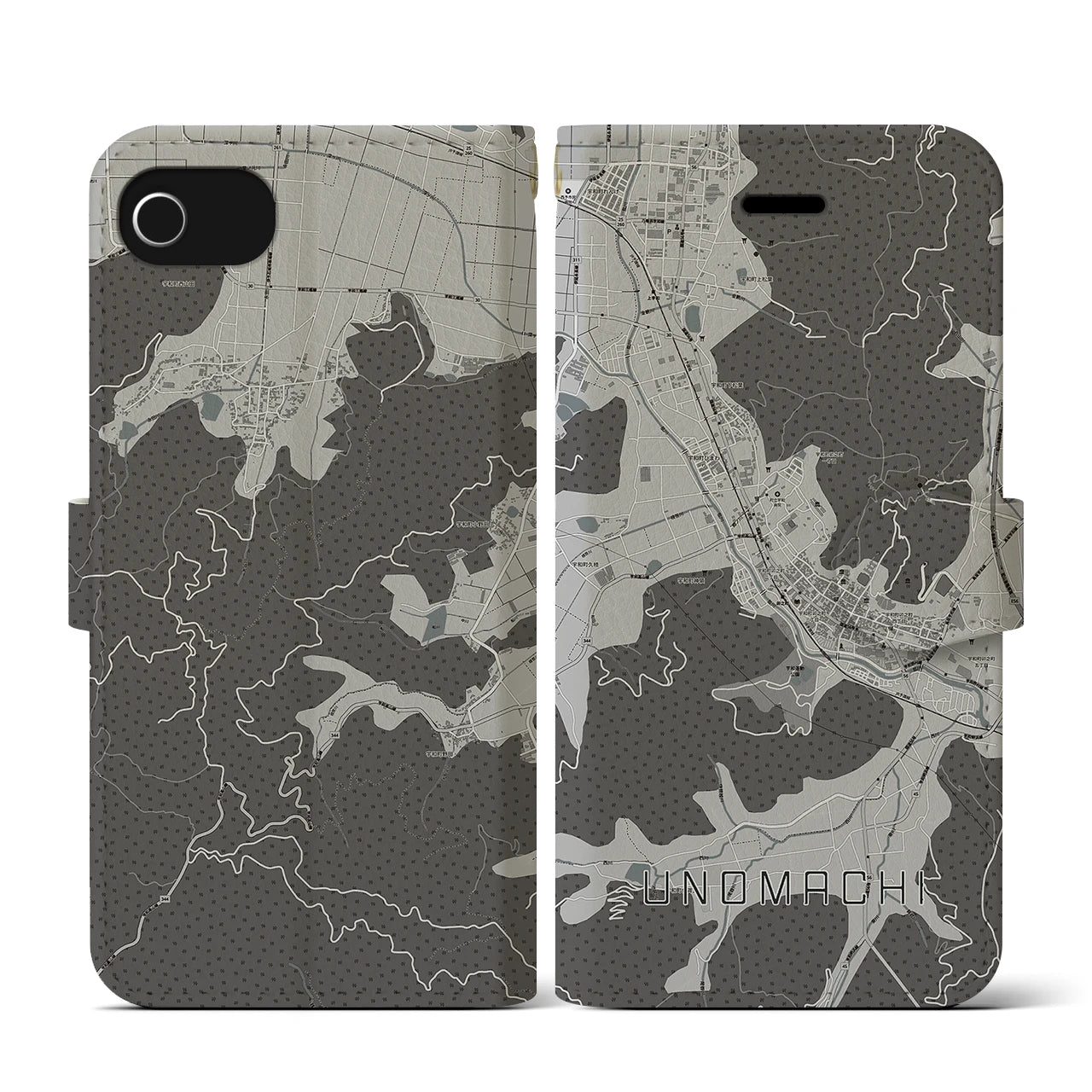 【卯之町(愛媛県)】地図柄iPhoneケース(手帳タイプ)モノトーン・iPhone SE(第3 / 第2世代) / 8 / 7 / 6s / 6 用