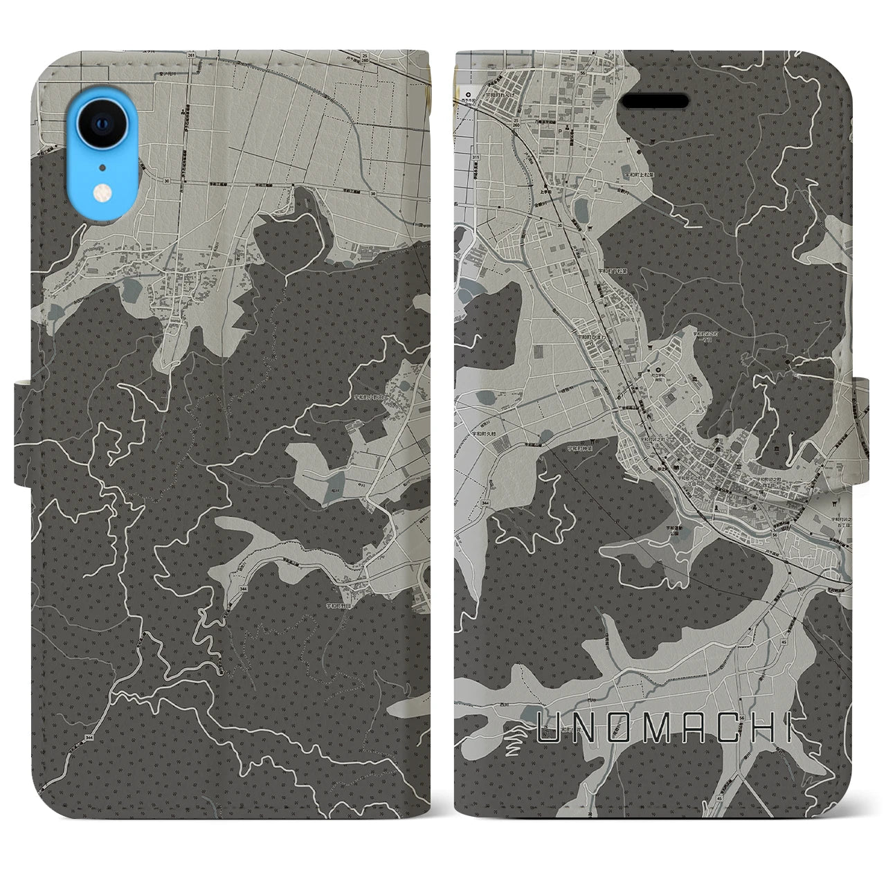 【卯之町(愛媛県)】地図柄iPhoneケース(手帳タイプ)モノトーン・iPhone XR 用