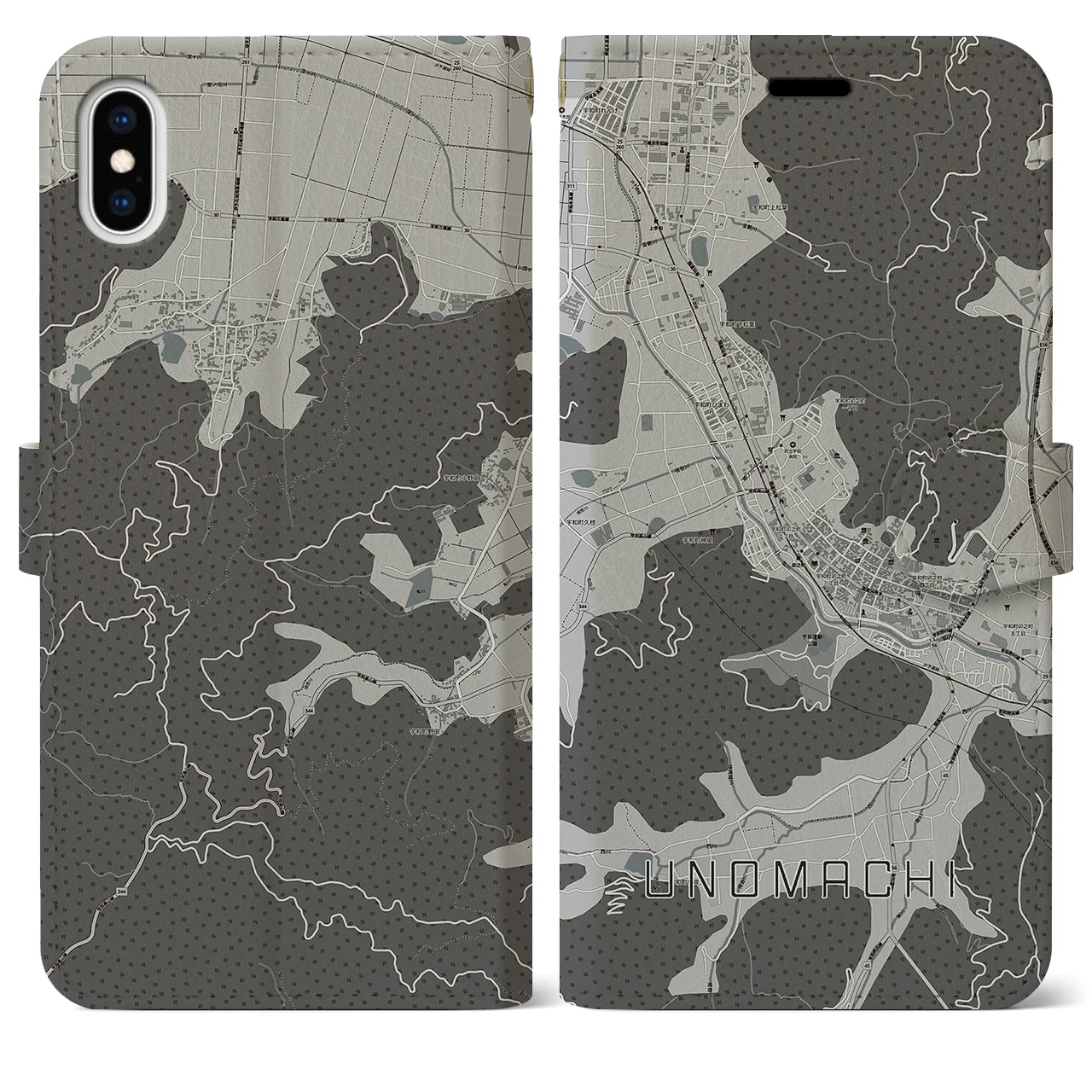 【卯之町(愛媛県)】地図柄iPhoneケース(手帳タイプ)モノトーン・iPhone XS Max 用