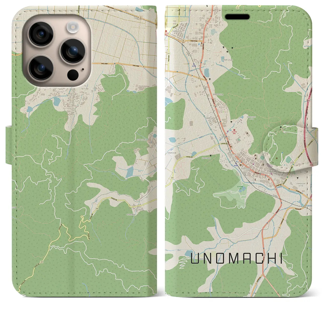 【卯之町(愛媛県)】地図柄iPhoneケース(手帳タイプ)ナチュラル・iPhone 16 Plus 用