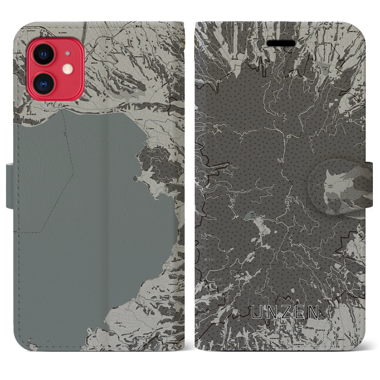 【雲仙(長崎県)】地図柄iPhoneケース(手帳タイプ)モノトーン・iPhone 11 用