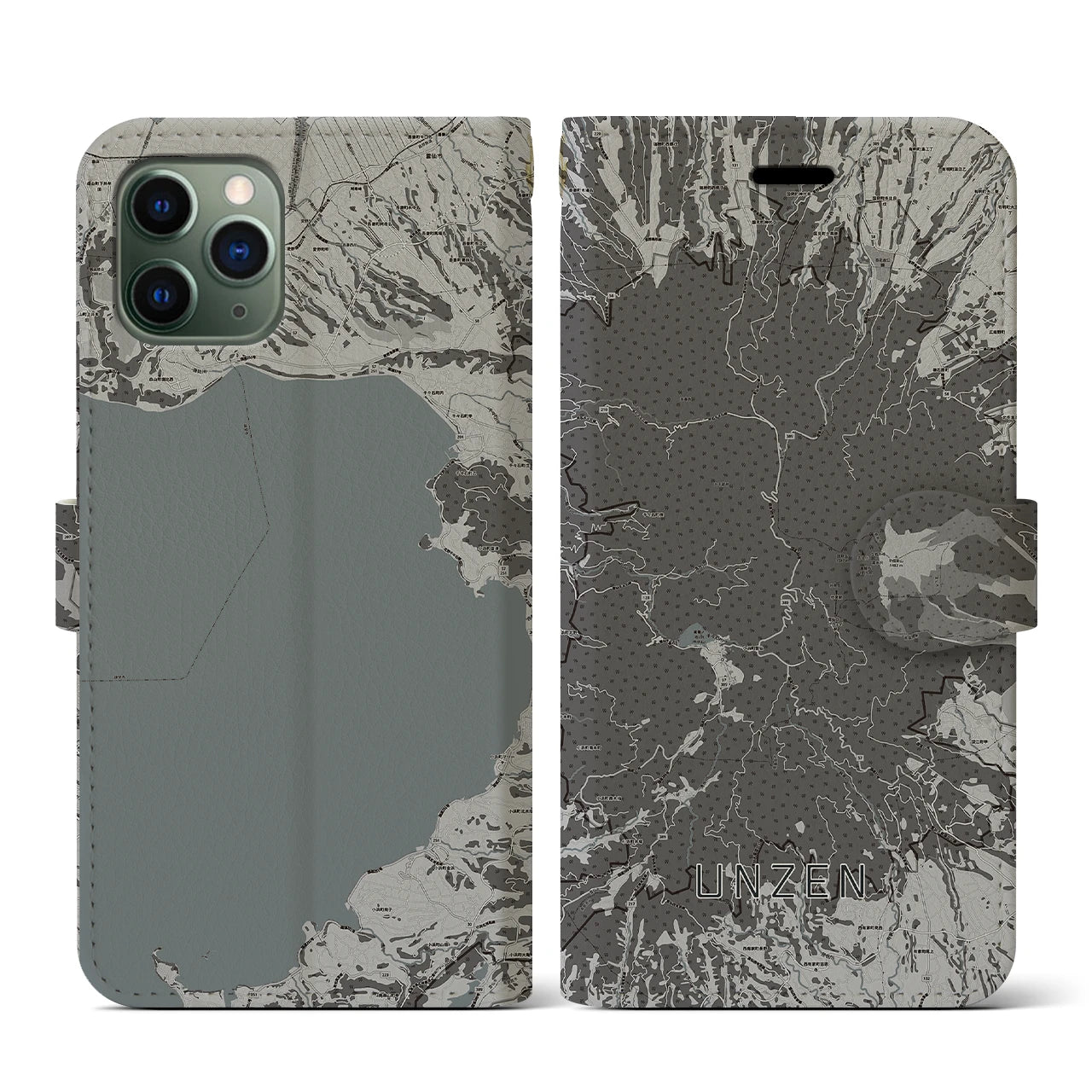 【雲仙(長崎県)】地図柄iPhoneケース(手帳タイプ)モノトーン・iPhone 11 Pro 用
