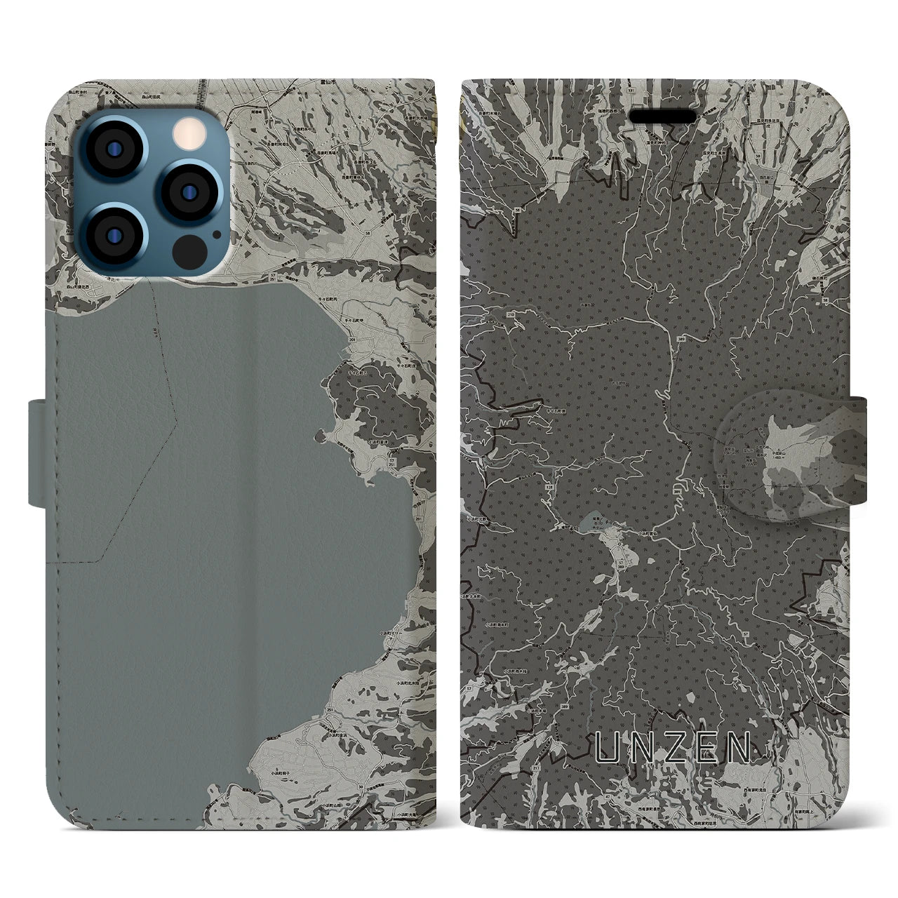 【雲仙(長崎県)】地図柄iPhoneケース(手帳タイプ)モノトーン・iPhone 12 / 12 Pro 用