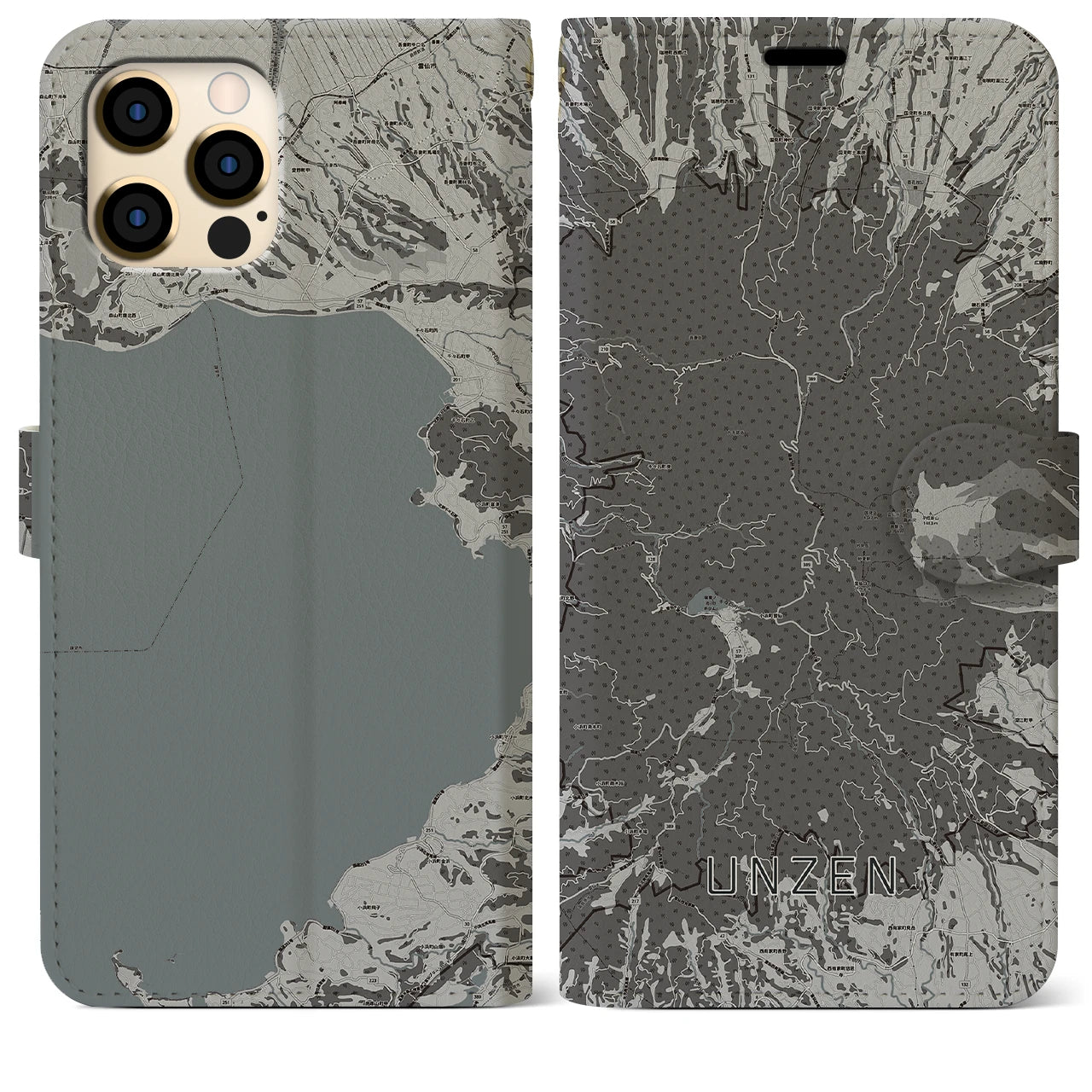 【雲仙(長崎県)】地図柄iPhoneケース(手帳タイプ)モノトーン・iPhone 12 Pro Max 用