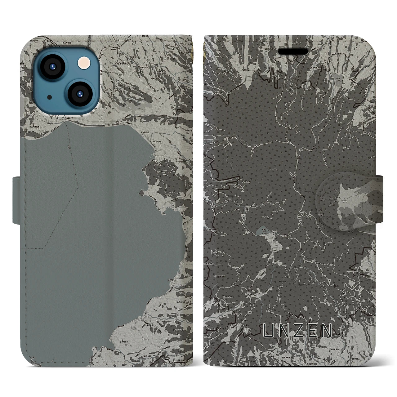 【雲仙(長崎県)】地図柄iPhoneケース(手帳タイプ)モノトーン・iPhone 13 用