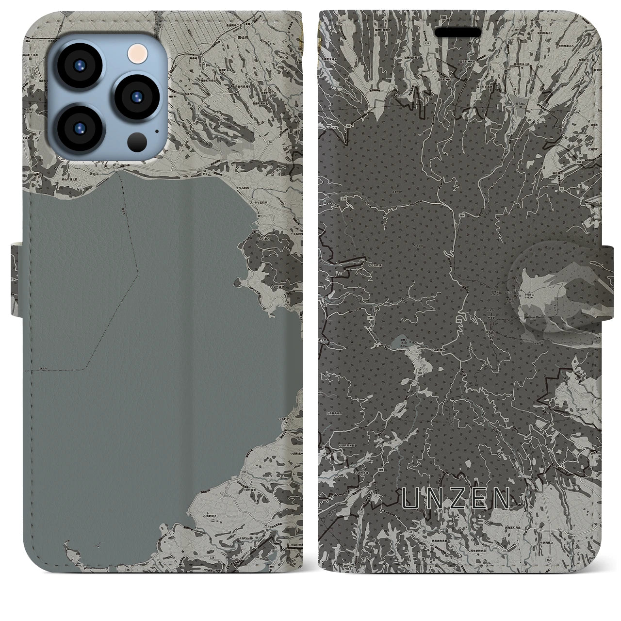 【雲仙(長崎県)】地図柄iPhoneケース(手帳タイプ)モノトーン・iPhone 13 Pro Max 用