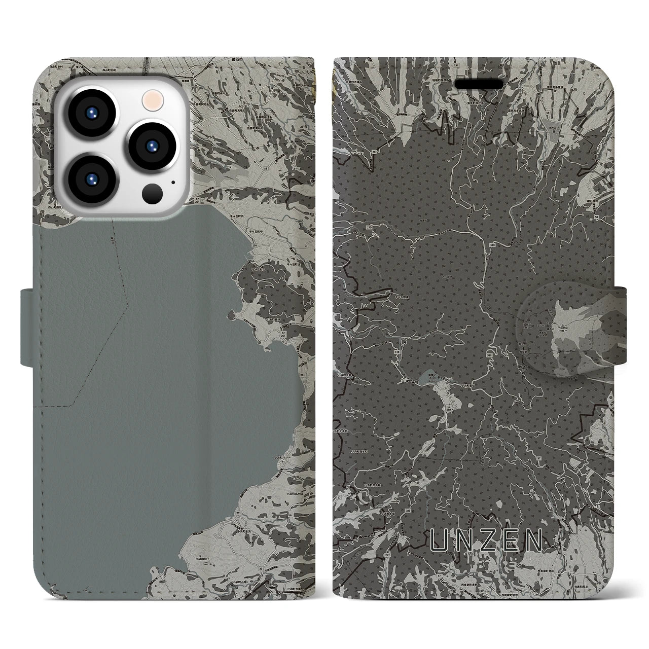 【雲仙(長崎県)】地図柄iPhoneケース(手帳タイプ)モノトーン・iPhone 13 Pro 用