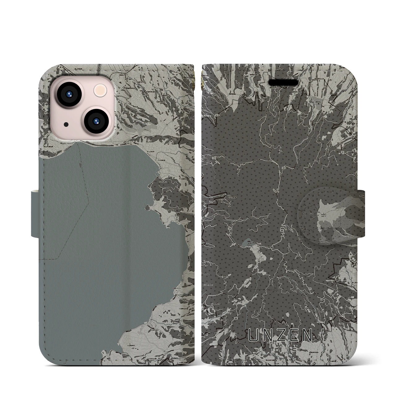 【雲仙(長崎県)】地図柄iPhoneケース(手帳タイプ)モノトーン・iPhone 13 mini 用