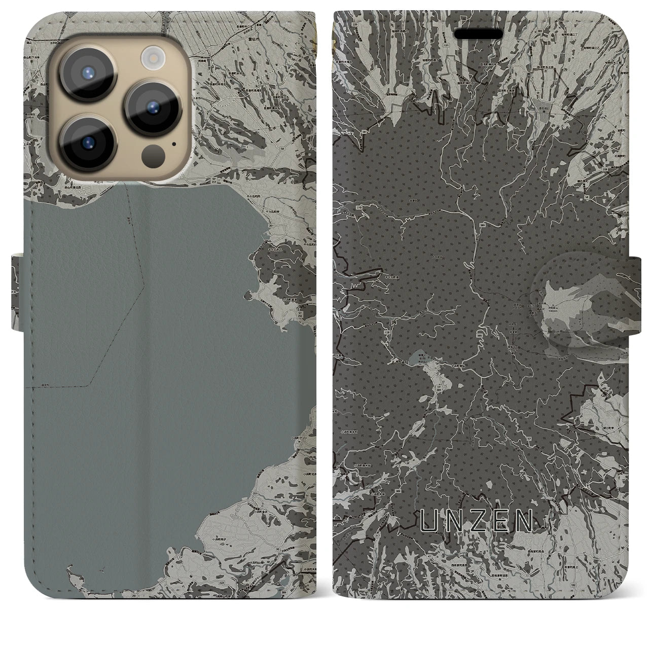 【雲仙(長崎県)】地図柄iPhoneケース(手帳タイプ)モノトーン・iPhone 14 Pro Max 用
