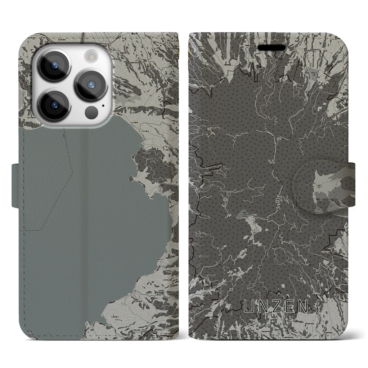 【雲仙(長崎県)】地図柄iPhoneケース(手帳タイプ)モノトーン・iPhone 14 Pro 用