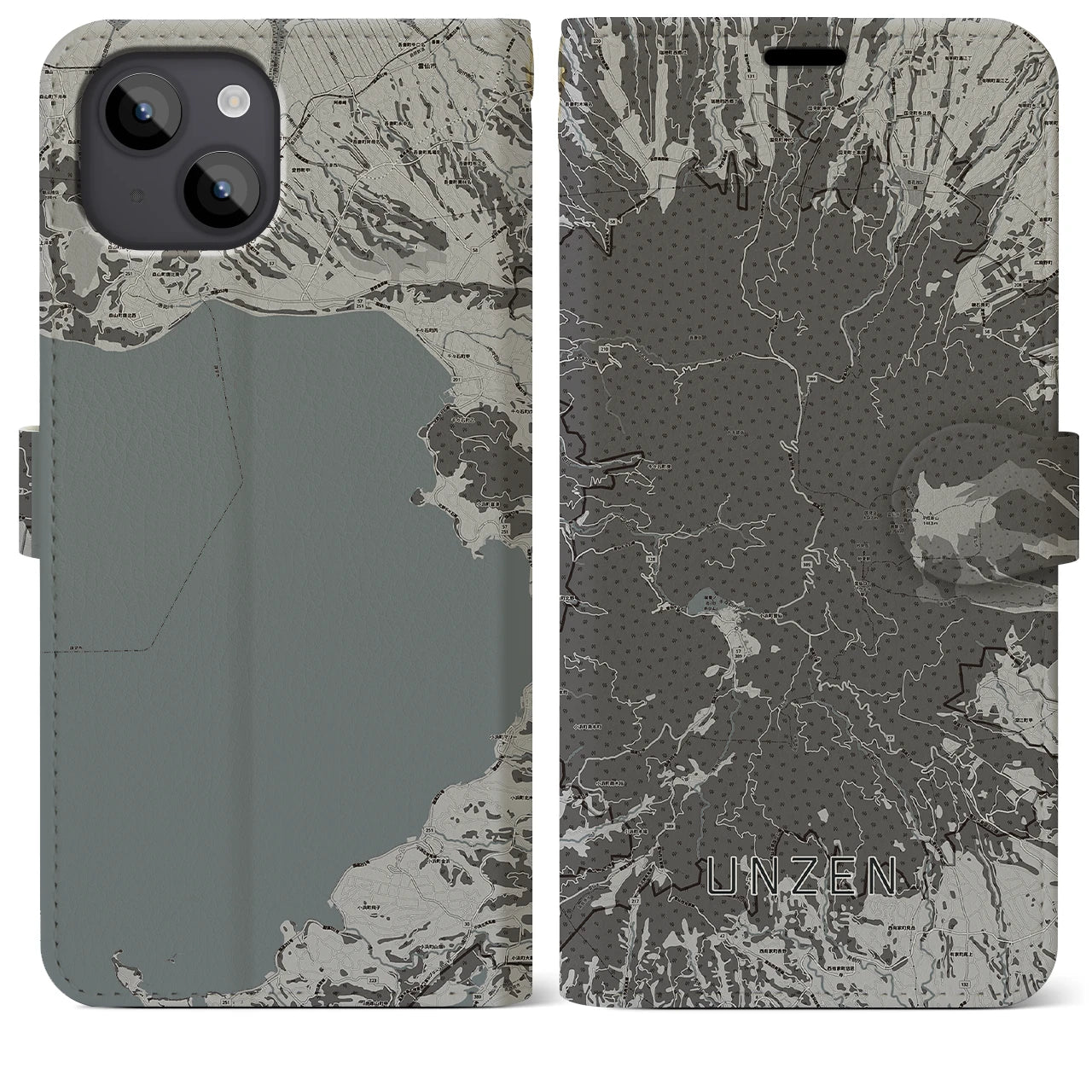 【雲仙(長崎県)】地図柄iPhoneケース(手帳タイプ)モノトーン・iPhone 14 Plus 用