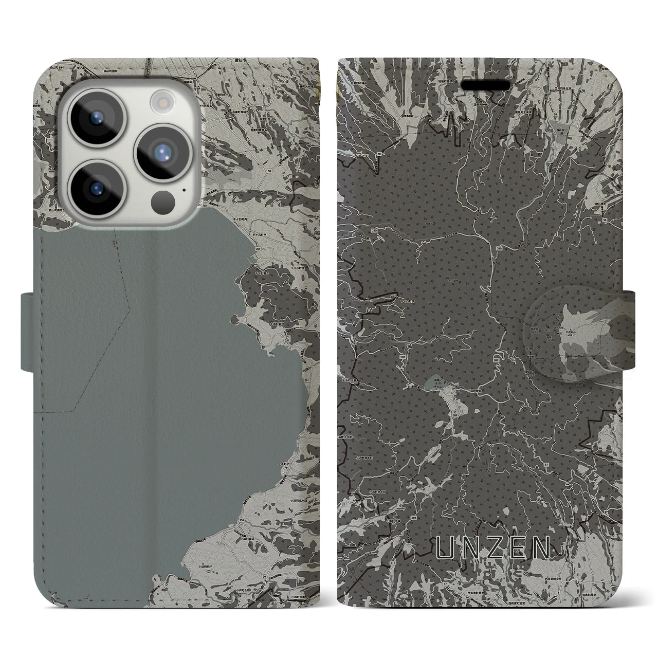 【雲仙(長崎県)】地図柄iPhoneケース(手帳タイプ)モノトーン・iPhone 15 Pro 用