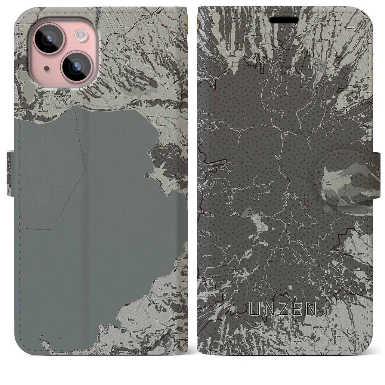 【雲仙(長崎県)】地図柄iPhoneケース(手帳タイプ)モノトーン・iPhone 15 Plus 用