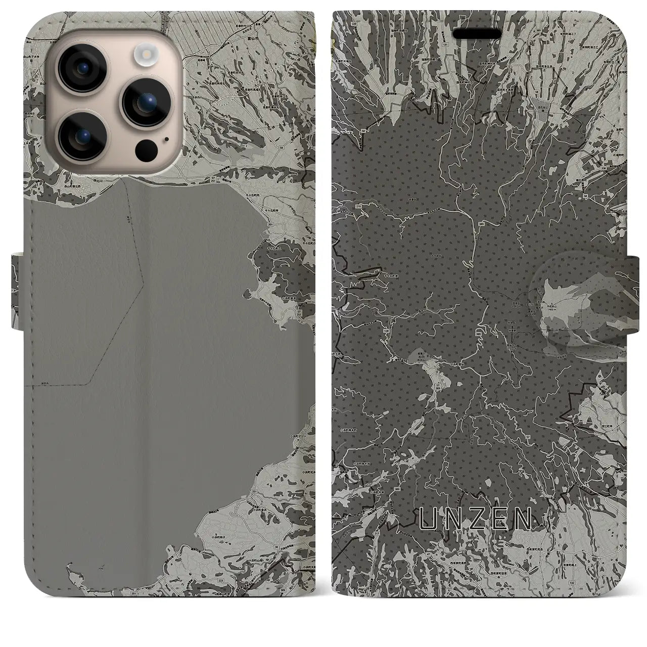 【雲仙(長崎県)】地図柄iPhoneケース(手帳タイプ)モノトーン・iPhone 16 Plus 用