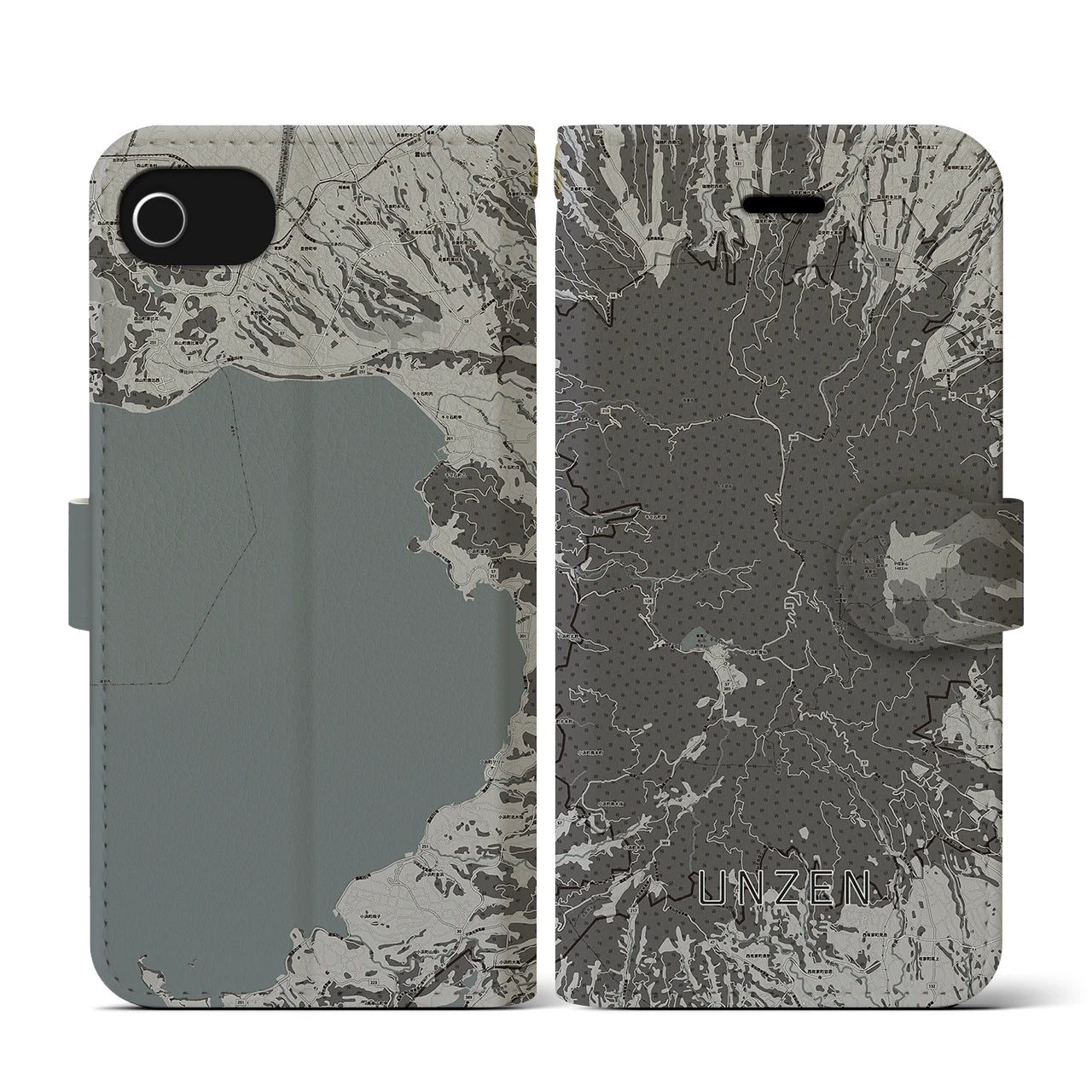 【雲仙(長崎県)】地図柄iPhoneケース(手帳タイプ)モノトーン・iPhone SE(第3 / 第2世代) / 8 / 7 / 6s / 6 用