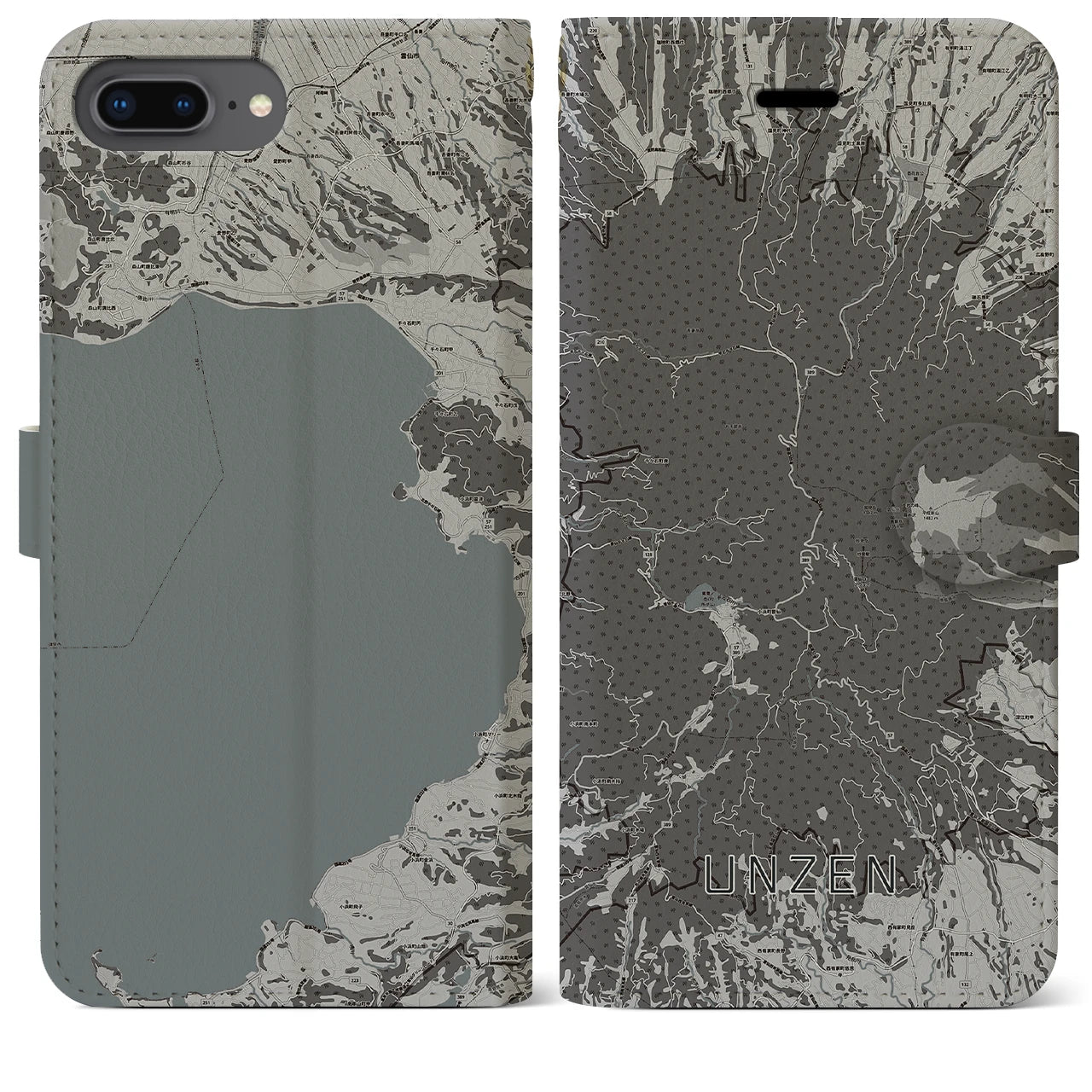 【雲仙(長崎県)】地図柄iPhoneケース(手帳タイプ)モノトーン・iPhone 8Plus /7Plus / 6sPlus / 6Plus 用