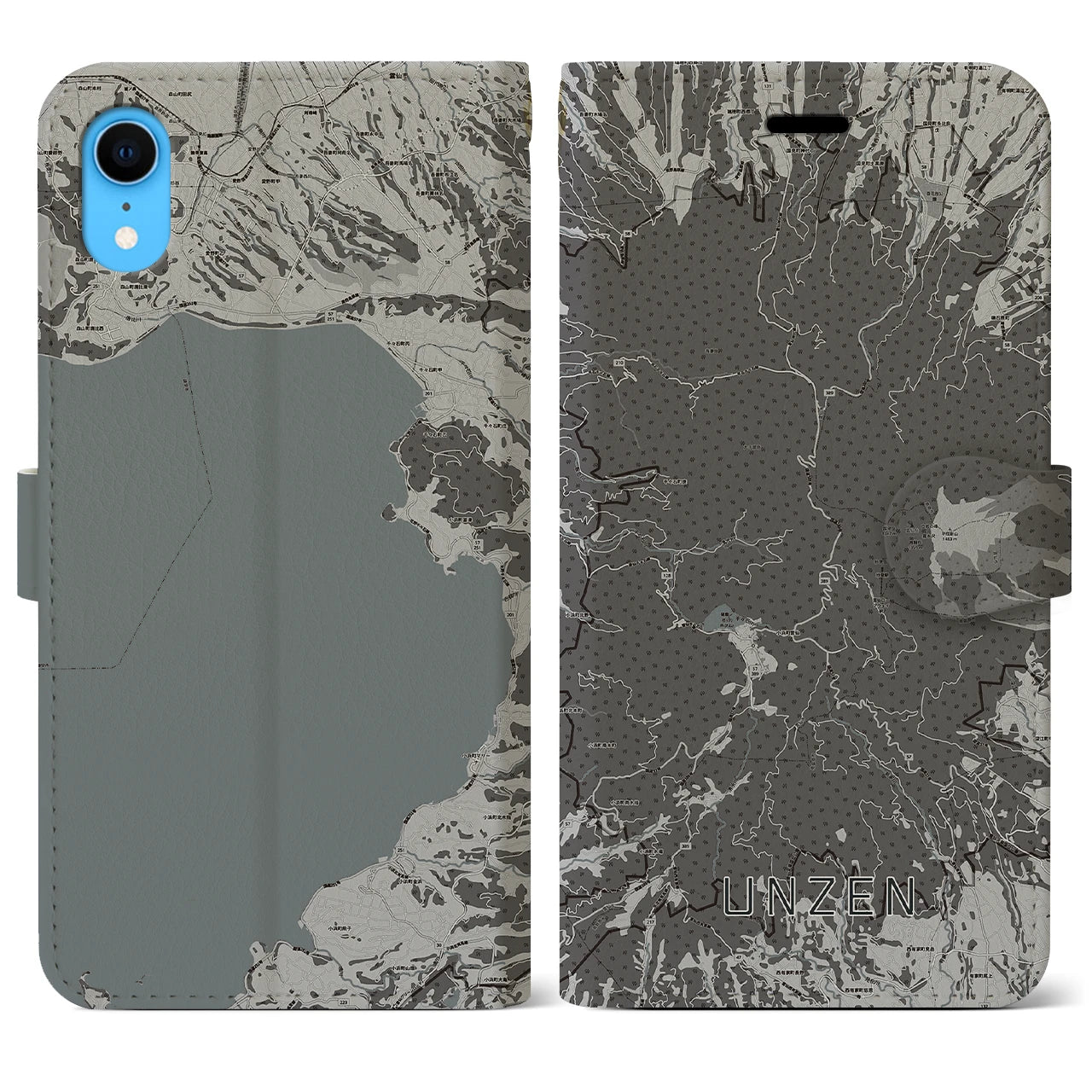 【雲仙(長崎県)】地図柄iPhoneケース(手帳タイプ)モノトーン・iPhone XR 用