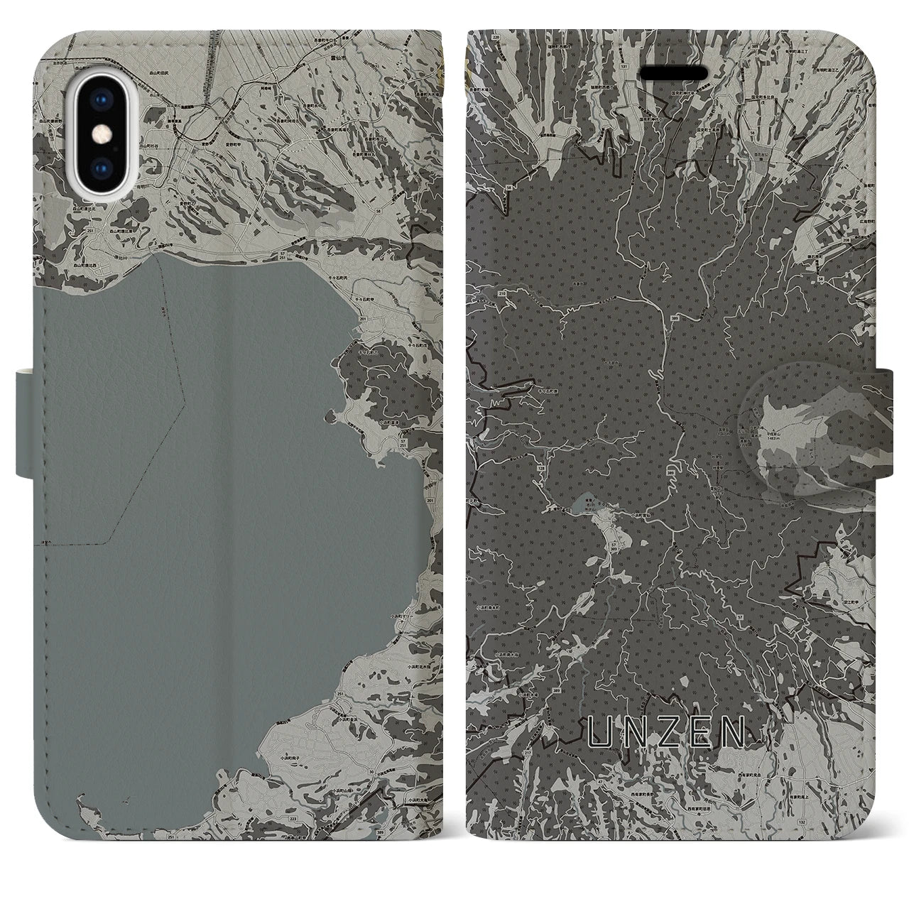 【雲仙(長崎県)】地図柄iPhoneケース(手帳タイプ)モノトーン・iPhone XS Max 用