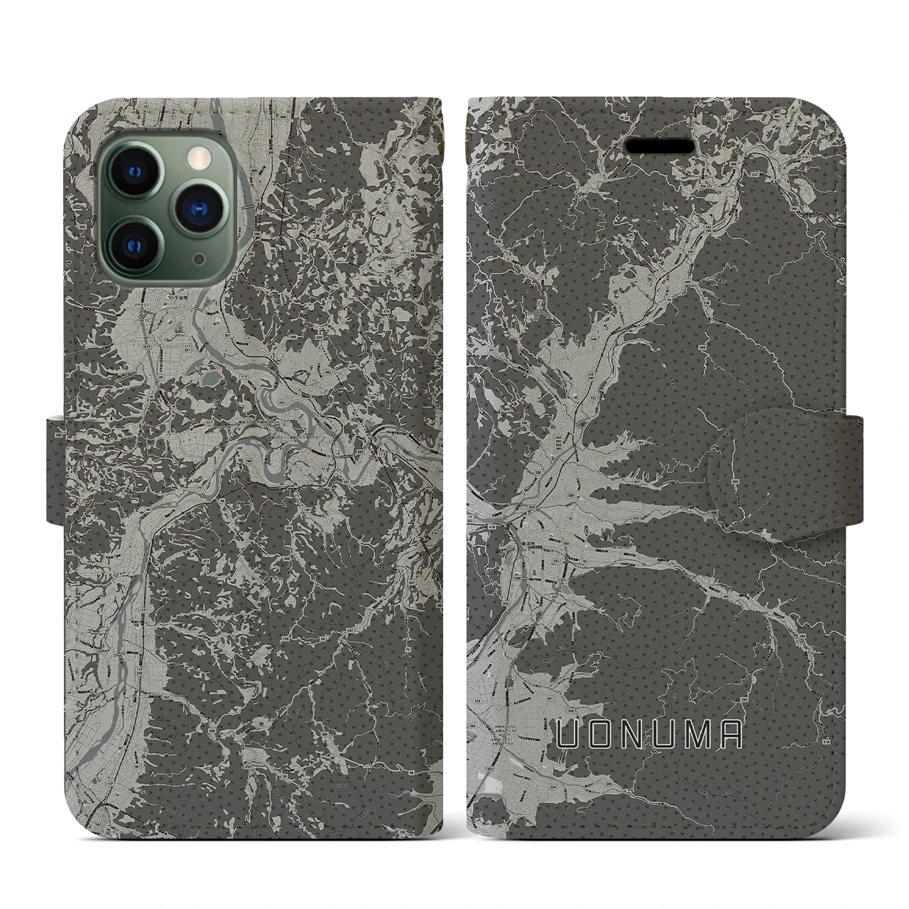 【魚沼(新潟県)】地図柄iPhoneケース(手帳タイプ)モノトーン・iPhone 11 Pro 用