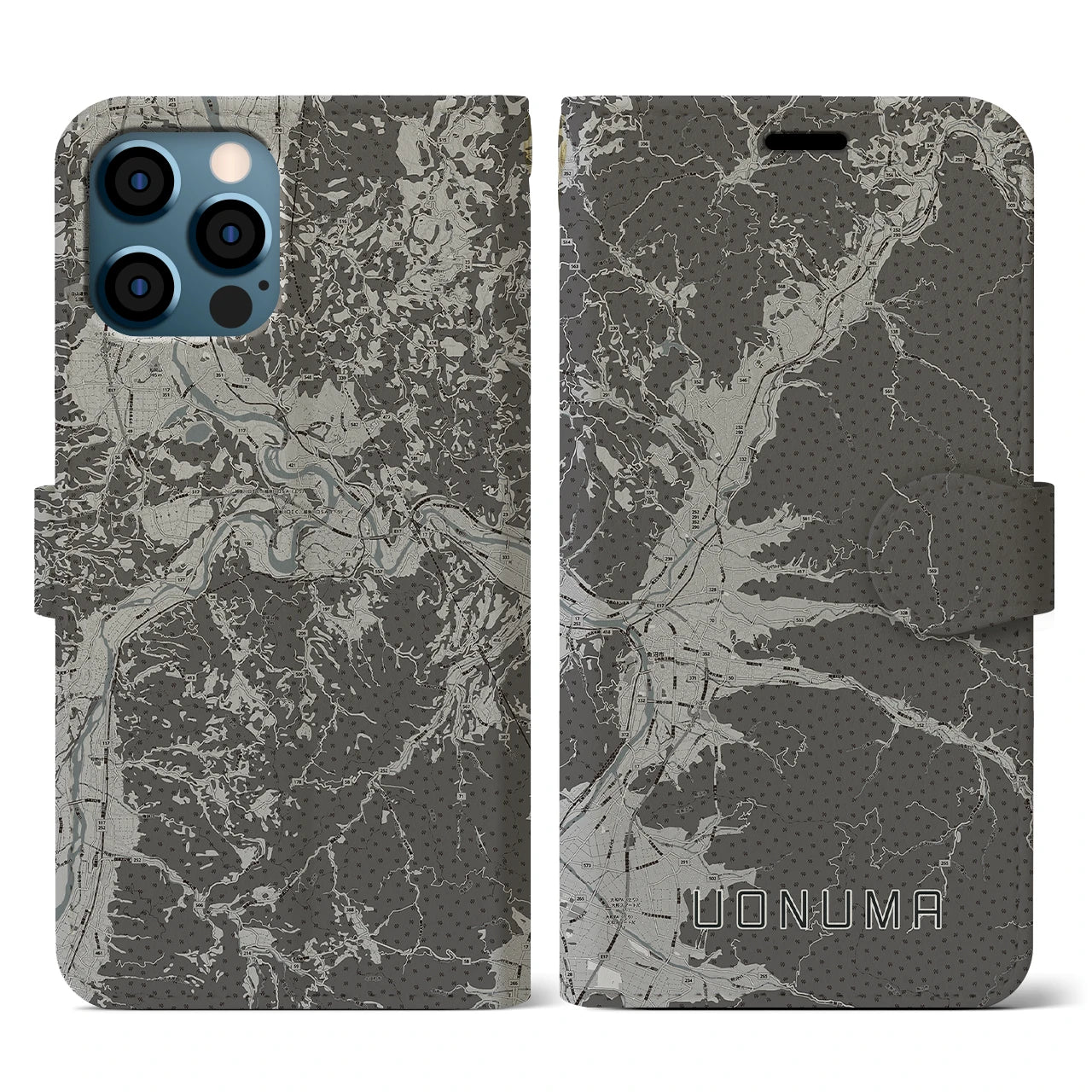 【魚沼(新潟県)】地図柄iPhoneケース(手帳タイプ)モノトーン・iPhone 12 / 12 Pro 用