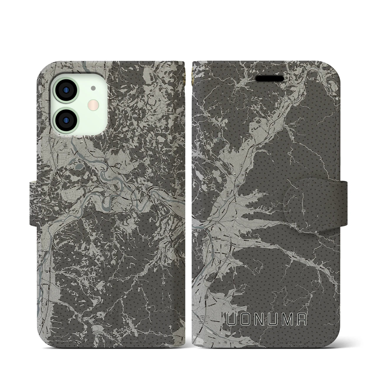 【魚沼(新潟県)】地図柄iPhoneケース(手帳タイプ)モノトーン・iPhone 12 mini 用