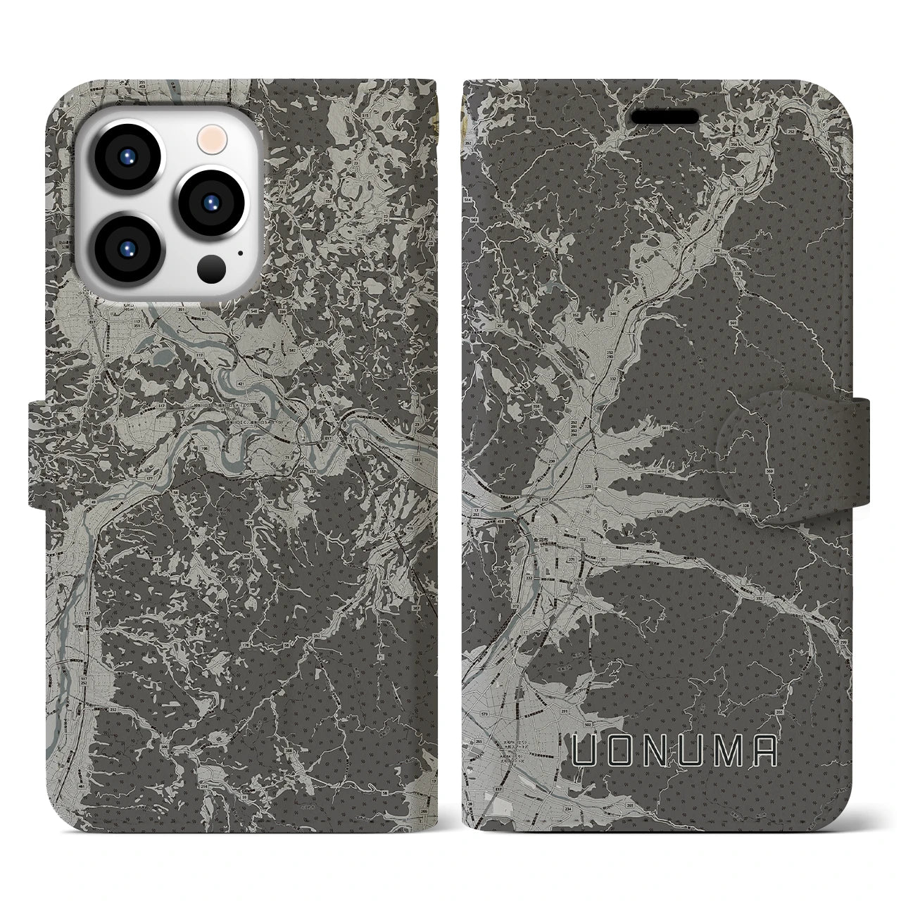 【魚沼(新潟県)】地図柄iPhoneケース(手帳タイプ)モノトーン・iPhone 13 Pro 用