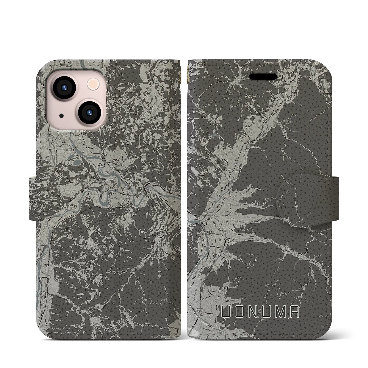 【魚沼(新潟県)】地図柄iPhoneケース(手帳タイプ)モノトーン・iPhone 13 mini 用