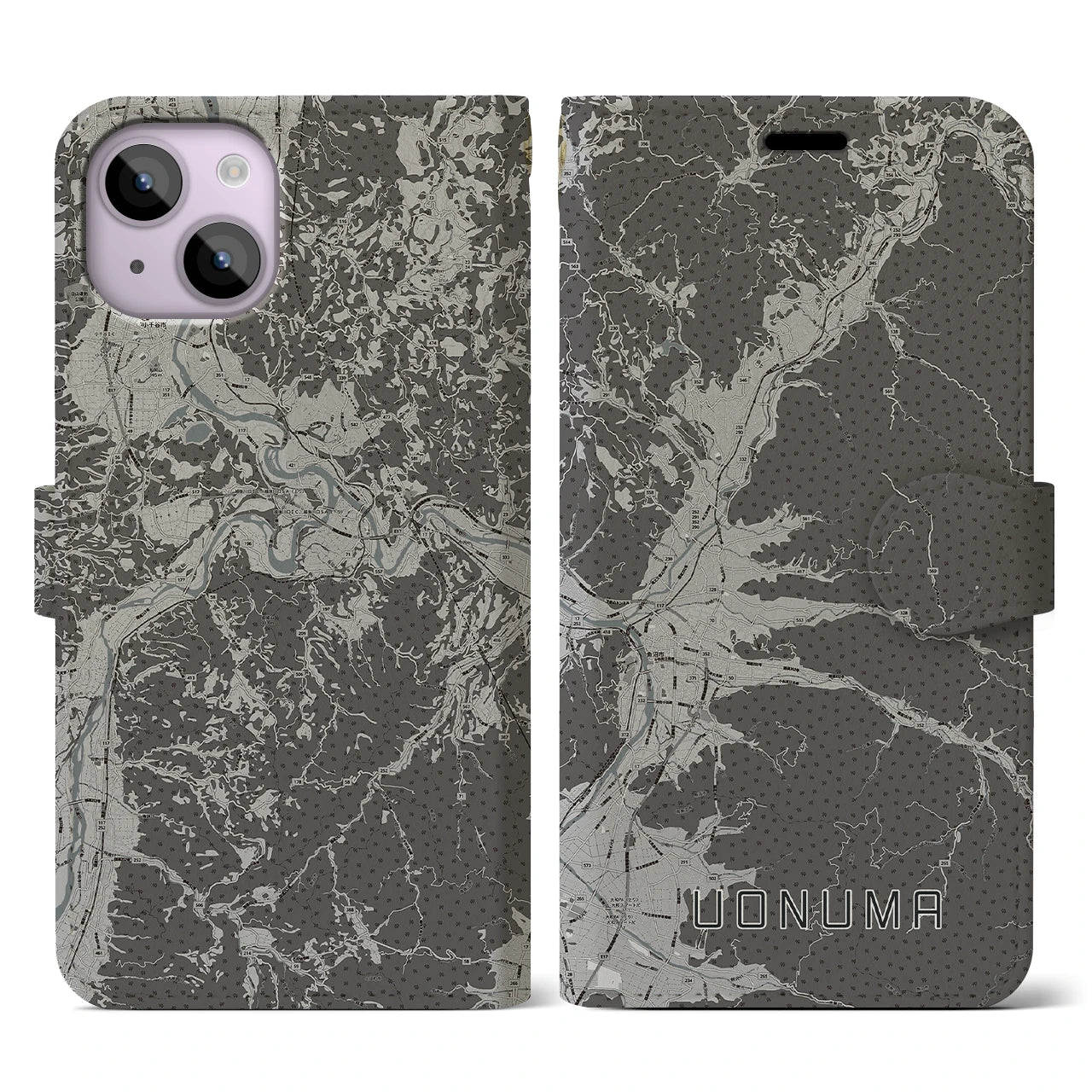 【魚沼(新潟県)】地図柄iPhoneケース(手帳タイプ)モノトーン・iPhone 14 用