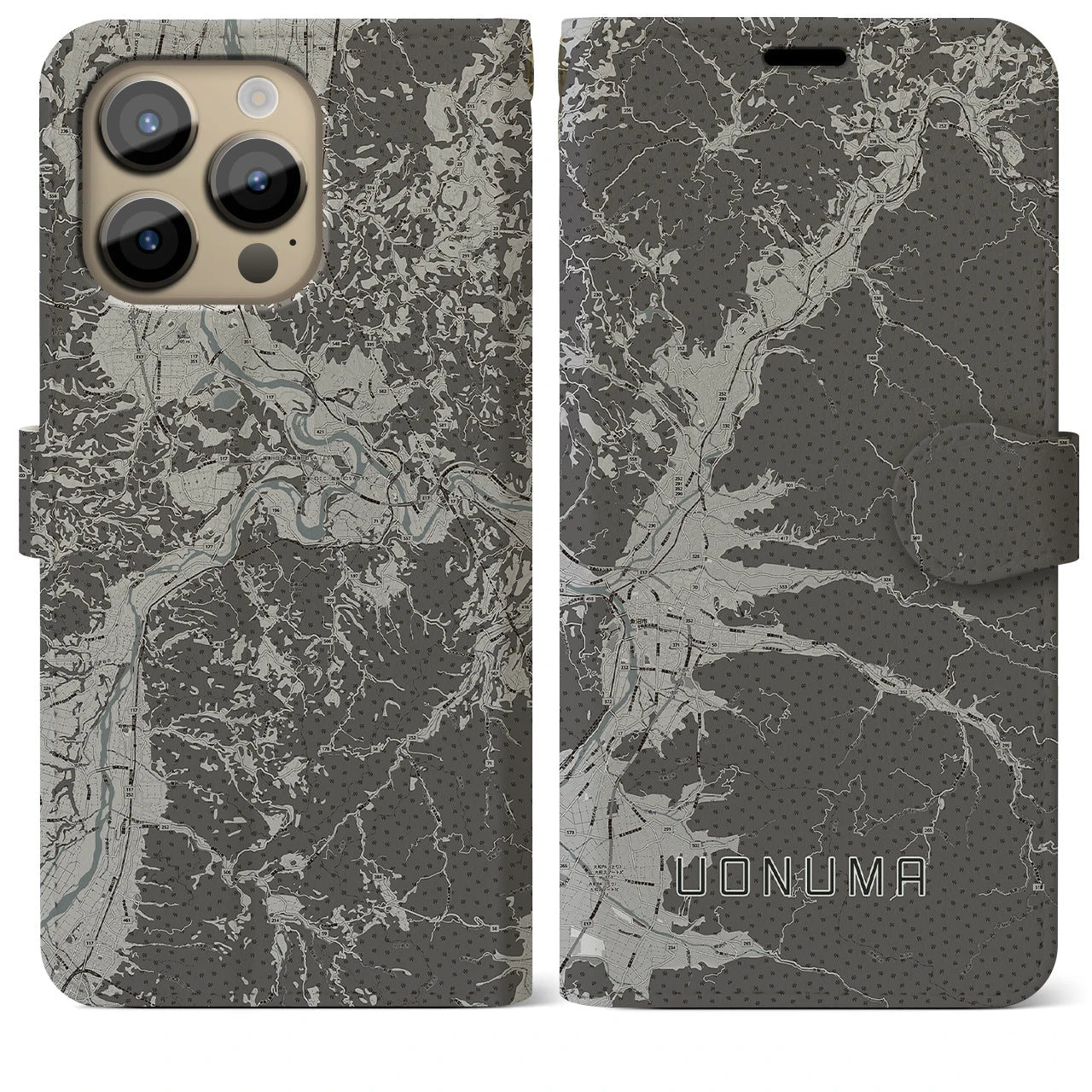 【魚沼(新潟県)】地図柄iPhoneケース(手帳タイプ)モノトーン・iPhone 14 Pro Max 用