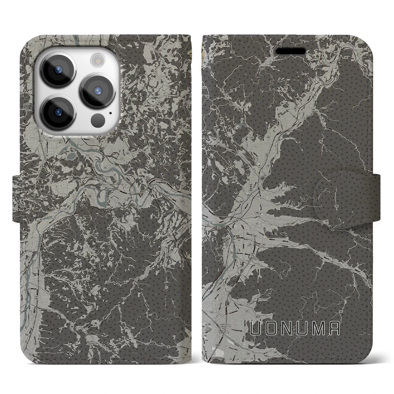 【魚沼(新潟県)】地図柄iPhoneケース(手帳タイプ)モノトーン・iPhone 14 Pro 用