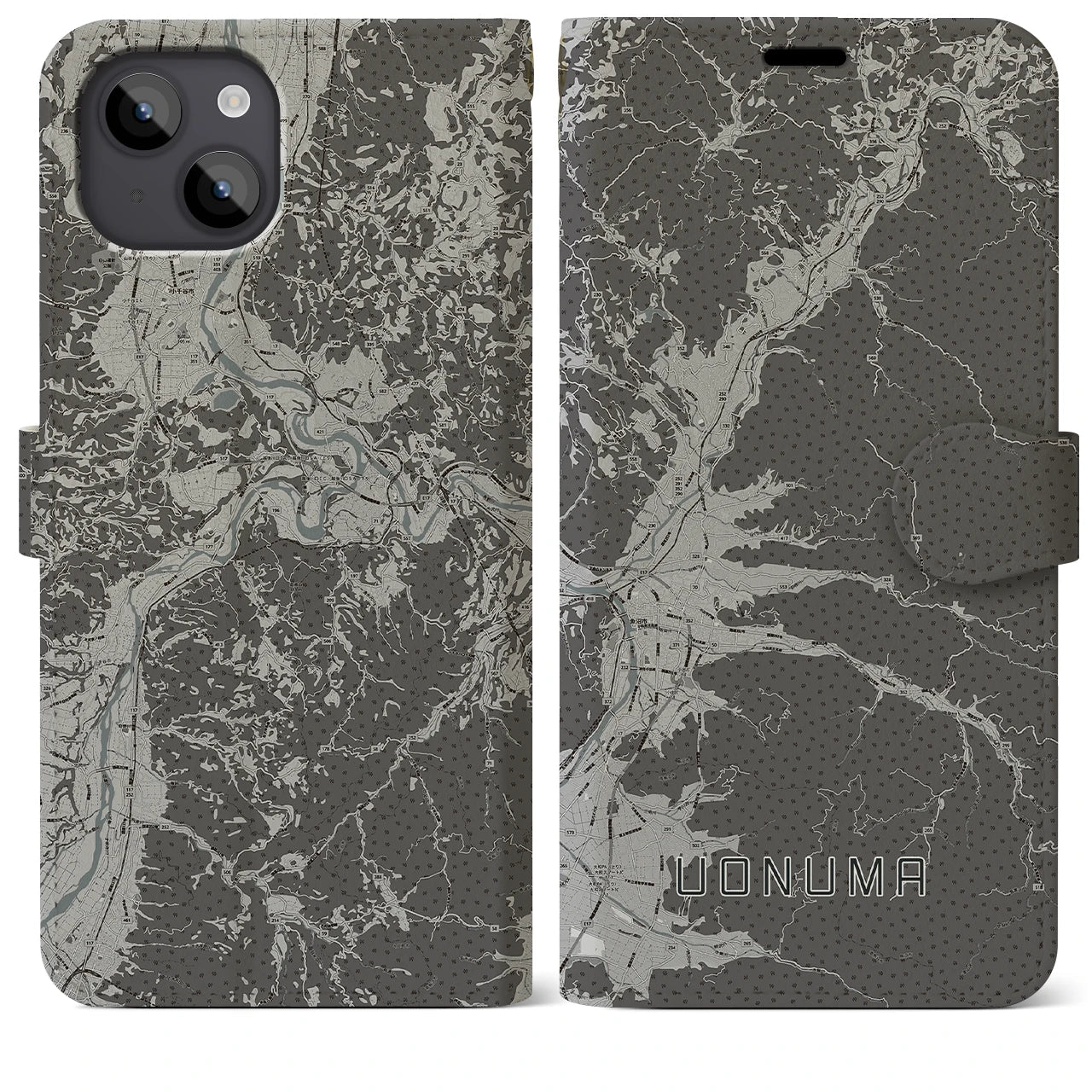 【魚沼(新潟県)】地図柄iPhoneケース(手帳タイプ)モノトーン・iPhone 14 Plus 用