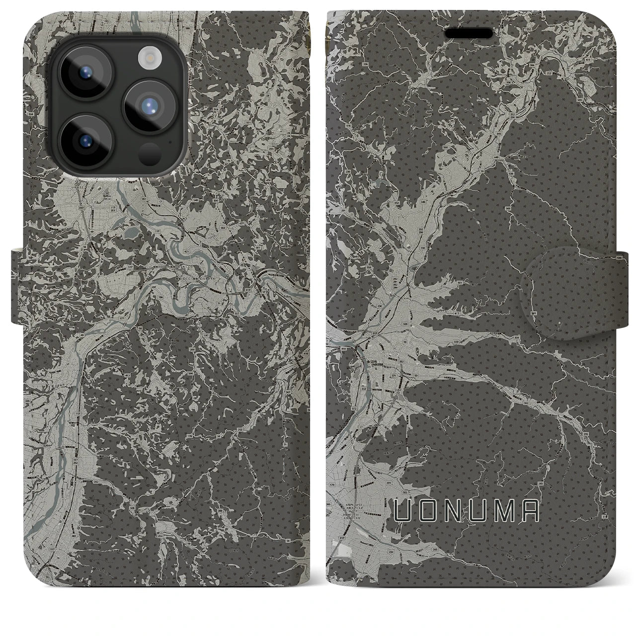 【魚沼(新潟県)】地図柄iPhoneケース(手帳タイプ)モノトーン・iPhone 15 Pro Max 用